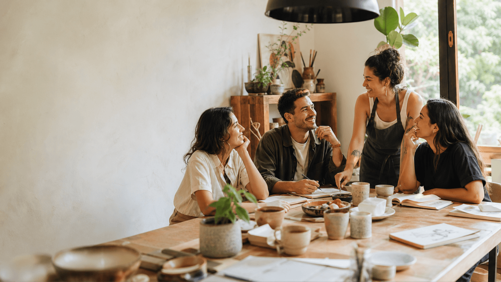 Grupo pequeño conversando alrededor de una mesa durante una experiencia guiada