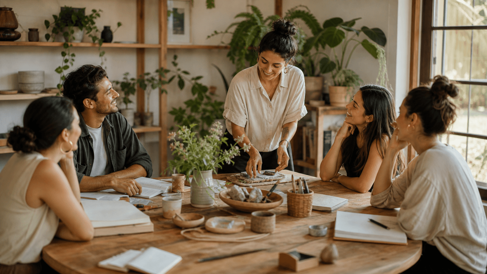 Planner guiando una experiencia creativa en una mesa con un grupo pequeño